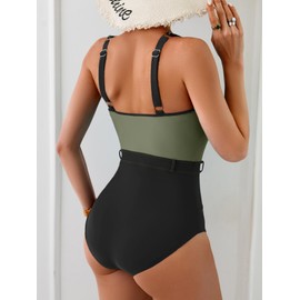 B2prity Women's Color Block One Piece Swimsuit Tummy Control Slimming Bathing Suit Scoop Neck High Waisted Swimwear