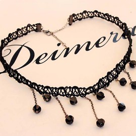 Andelaisi Boho Black Lace Chain Necklace Fringe Crystal Necklace Gothic Lace Tattoo Choker Necklace Vintage Lace Necklaces Chain Jewelry for Women and Girls