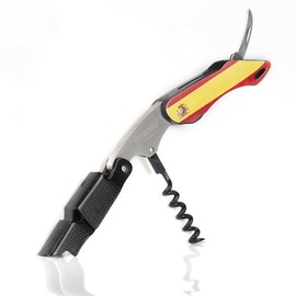 Qpractiko - Two-stroke corkscrew with Teflon spiral, "Spain flag", easy to use, robust stainless steel and ABS plastic, ideal for wine connoisseurs, black, plastic stainless steel