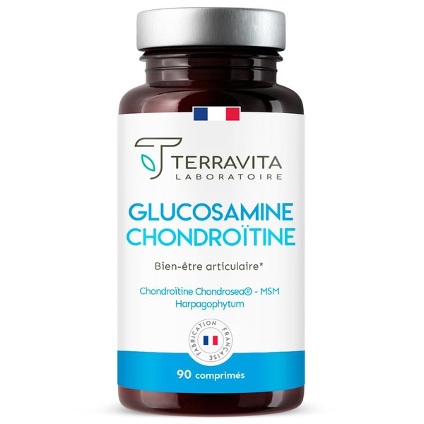 Glucosamine Chondroitin | With Harpagophytum + MSM + Vitamin C + Trace Elements | Painful Joints - Arthritis - Loss of Mobility | 90 Tablets Strong Dosage | Made in France | Terravita