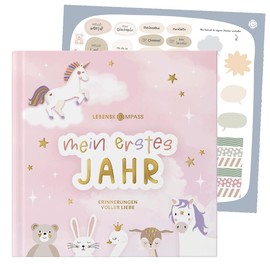 Lebenskompass® Baby Album My First Year "Unicorn" with Over 75 Stickers and Saying Card Extra - A Baby Book to Enter - The Baby Diary & Memory Book for Girls and Boys
