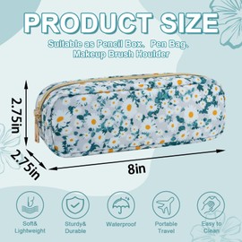 UIXIZQ Waterproof Small Floral Pencil Case Makeup Bag for Purse,Cute Flower Pencil Pouch Preppy Nylon Makeup Brush Holder with Zipper,Girls Portable Storage Case Pen Bag for School(Slim Green-Daisy)