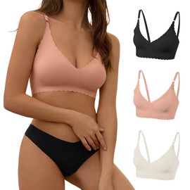 DEANGELMON Scalloped V Neck Padded Bralettes for Women Seamless Bra Adjustable Straps Everyday Comfortable Sleeping Bras(3P2,XL)