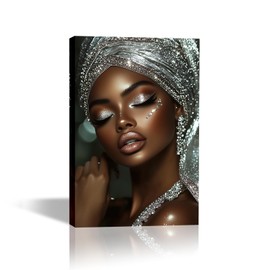 Black Woman Canvas Wall Art African American Wall Art Black Woman Wearing Silver Jewelry Painting Picture Modern Black and Silver Print Artwork for Living Room Bedroom Framed Decor(PO-1,12"x18")