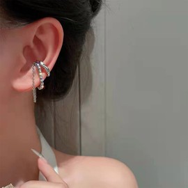 Yheakne Boho Rhinestone Chain Earrings Silver CZ Chain Earrings Punk Chain Hoop Earrings Luxury Instruction Earrings No Piercing Earrings Jewellery for Women and Girls, Alloy Steel Rhinestone Silver