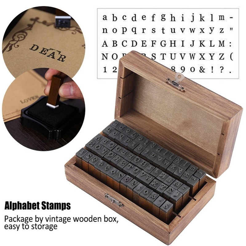 70PCS Vintage Wood Alphabet Rubber Stamps Set in Reusable Wooden