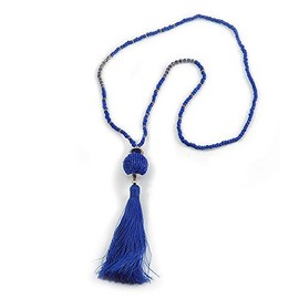 Avalaya Stylish Blue Glass Bead Cotton Tassel Necklace/ 72cm L/ 14cm Tassel