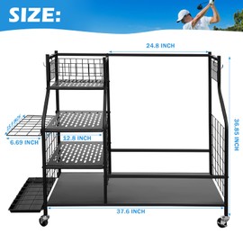Yuccaliao Golf Storage Garage Organizer – Golf Bag Storage Stand and Equipment Rack with Extra Shelf for Golf Clubs and Accessories with Wheels for Garage, Club, Basement