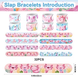 Deorfuy Axolotl Party Favors Supplies, 32PCS Slap Bracelets 8PCS Temporary Tattoos Gifts Decorations for Girls, Axolotl Birthday Party Baby Shower Goodie Bag Fillers