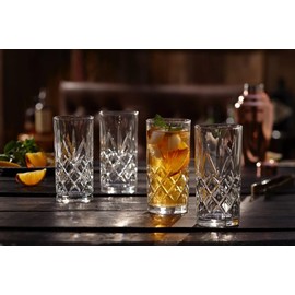 Royalty Art Kinsley Tall Highball Glasses Set of 4, 12 Ounce Cups, Textured Designer Glassware for Drinking Water, Beer, or Soda, Trendy and Elegant Dishware, Dishwasher Safe (Hiball)