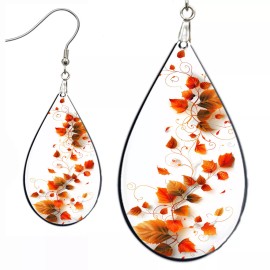 the fun things Autumn Leaves Earrings Teardrop NO TARNISHING Wood Fall Leaf Swirls Pattern