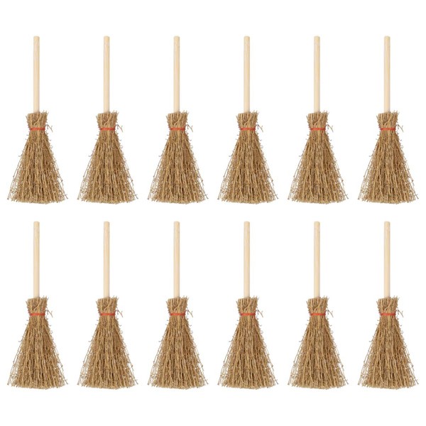 EXCEART 12 pcs Mini Broom Ornament Hangings Decorations Witch Broom Miniature Fairy Garden Broom Hanging Witches Prop Broom with Rope Straw Broom