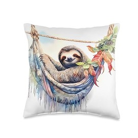 Relaxed Sloth In Hanging Hammock Relaxation Sloth Lounging in A Hammock, Leisure Throw Pillow, 16x16, Multicolor