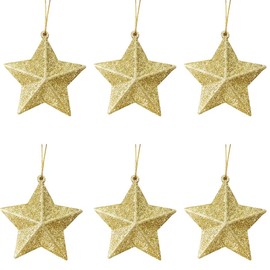 6 PCS Christmas Tree Baubles Decorations, Gold Star Hanging Ornaments Gold Glitter Stars Festive Embellishments for Holiday Party, Gold 5cm