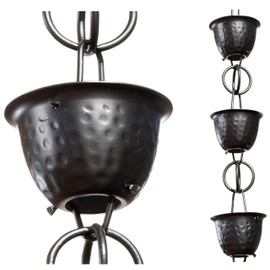 Monarch Rain Chains 18106 Aluminum Hammered Cup Rain Chain, 8-1/2 Feet Length Replacement Downspout for Gutters, Black