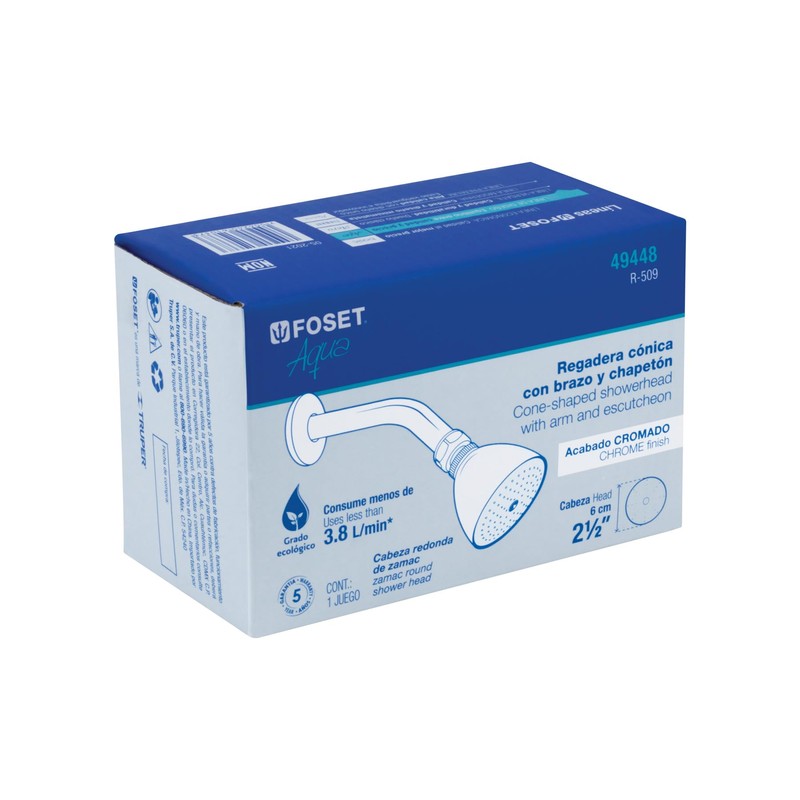 Foset Aqua R-509, Regadera cónica, 2-1/2" con brazo y chapetón,