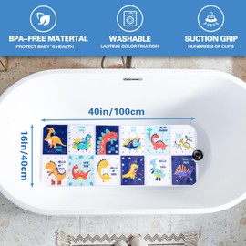 Kids Bath Mat with Ocean Theme Design, 40x16 inches, Non-Slip with 200 Suction Cups, Cartoon Sea Animals Pattern (Dinosaur, 40 * 16in)