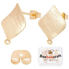 Beebeecraft 1 Box of 20 Rhombus Earring Accessories, 18 Carat Gold-Plated Square Earring Pin with Eyelet and 20 Ear Nuts for DIY Earring Jewellery Making