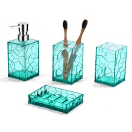GAHEFY Teal Blue Beach Bathroom Accessories Set with Toothbrush Holder, Soap Dispenser, Tumbler, Soap Dish, Turquoise Bathroom Decor,Acrylic (Teal-4pcs)
