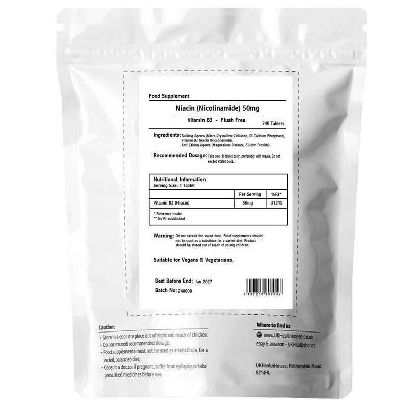 Niacin 50mg Tablets - Vitamin B3, Nicotinamide, Suitable for Vegans