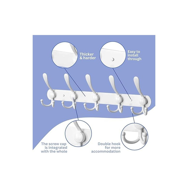 GlazieVault White Coat Hooks for Wall - Stainless Steel Coat