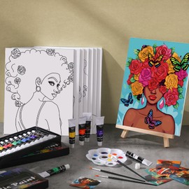 Cholemy 36 Pcs Paint and Sip Kit for Adults 8'' x 10'' Pre Drawn Canvas for Painting DIY Afro Acrylic Couples Painting Kit Wood Easel Brushes Date Night Bulk for Valentine Party Gifts