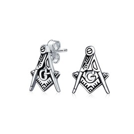 Bling Jewelry Masonic Square and Compass 925 Sterling Silver Mens Freemason Stud Earrings