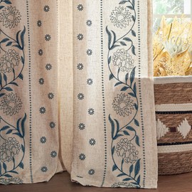 Jinchan Winslow - Cortinas de lino con forro para recámara, 84 pulgadas, mezcla de lino bordado, cortinas florales para sala de estar, decoración de granja, tratamientos de ventanas, cortinas azul
