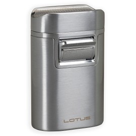 Lotus Brawn Table Cigar Lighter with Quad Wind-Resistant Torch Flames, All Metal Housing, Cigar Rest Cap, Extra Large Fuel Tank (Chrome)