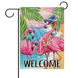 Dyrenson Welcome Summer Flamingo Decorative Garden Flag, Beach Coastal Tropical Palm Leaves Yard Outside Home Decoration, Hawaii Nautical Seasonal Burlap Outdoor Small Decor Double Sided 12 x 18