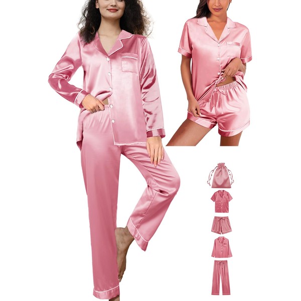 WJing Yi Jia Womens 5Pcs Silk Pajamas Set XS-2XL Satin