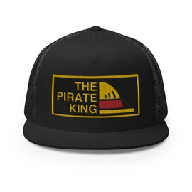 RIVEMUG The Pirate King Embroidered Flat Bill Trucker Hat High Crown Adjustable Anime Cap Black