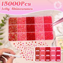 15000Pcs Red Resin Jelly Rhinestones for Bedazzling, Mixed Size 3/4/5 mm Flatback Gems for Crafting, Red Jelly Rhinestones Bedazzler Kit for Book Crafts Clothing Shoes Nail Art Makeup