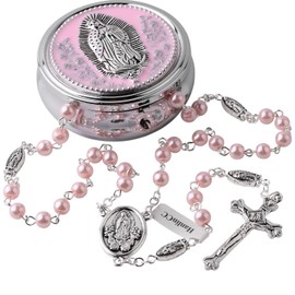 HanlinCC 6mm Glass Pearl Beads Catholic Our Lady of Guadalupe Rosary Necklace for Women and Men with Metal Gift Box (Guadalupe Rosary Pink, Zinc Alloy)