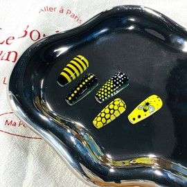 LWTZLW Bee Press on Nails Yellow Black Long Square Fake Nails Polka Dots Full Cover Glue on Nails Cute Bee Coffin Acrylic False Nail Black Yellow Stripes Glossy Artificial Nail Reusable for Women
