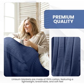 Linteum Textile Supply Leno Weave Navy Blue Blanket, Queen 100% Cotton, Lightweight, Warm, Fluffy, Premium and Durable Soft & Cozy Bed Blanket for Home, Couch, Sofa & Dorm, All Season Throw [90x90]