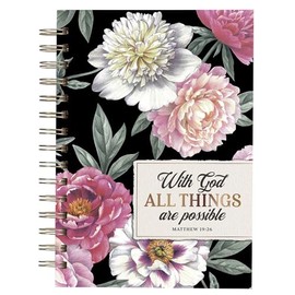 Christian Art Gifts Black Journal w/Scripture Floral All Things Large Bible Verse Notebook, 192 Ruled Pages, Matt. 19:26 Bible Verse