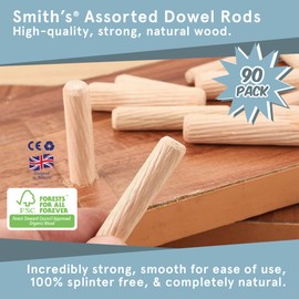 Assorted Wooden Dowel Rods by Smith’s® (90 Pack / M6, M8, M10) | Unfinished, Natural, Organic Grooved Fluted Woodwork Pins | Tapered & Ribbed | FSC Approved | For Craft, DIY, Carpentry