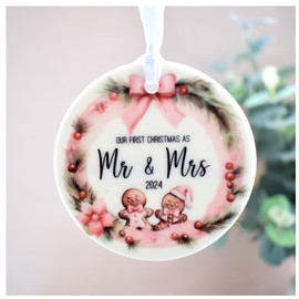 Our First Christmas as Mr & Mrs 2024 Hanging Decoration. Cute Gingerbread Blush Pink. White Ceramic Ornament for Newlyweds.Wedding Gift. Xmas Tree Keepsake Bauble