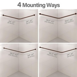 Yampos L Shaped Corner Shower Curtain Rod, 24" - 53" x 24" - 53" Adjustable 90 Degree Curved Bathroom Rod Square Rail No Sag with 12 Hooks & Ceiling Support - Coffee