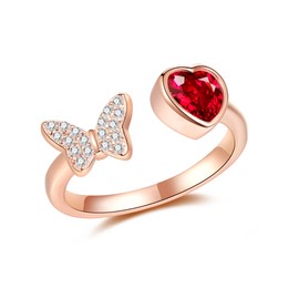 Gold Butterfly Ring for Women 925 Sterling Silver Rose Gold-Plated Butterfly Adjustable Ring with Red CZ Butterfly Jewellery Gift for Women Girlfriends Wife Mother Daughter, Cubic Zirconia