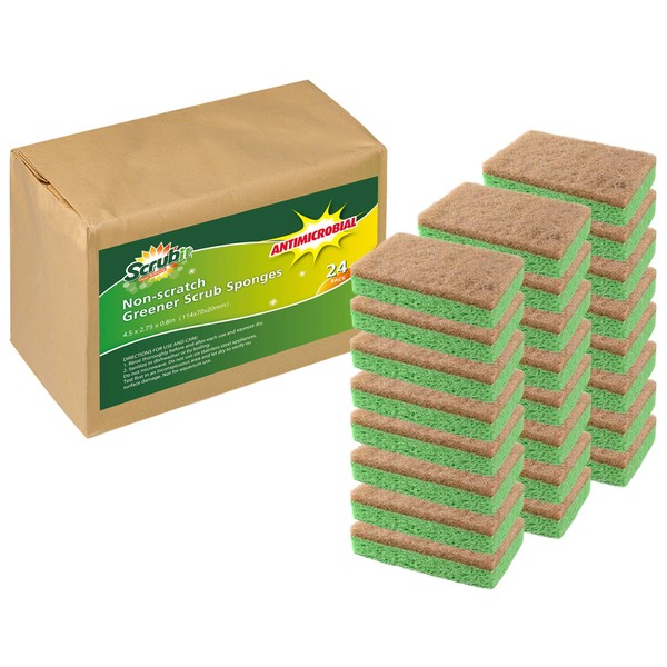Natural Plant-Based Scrub Sponge by Scrub-it, Non-Scratch, Biodegradable scrubbing sponges with a Tough Anti-Bacterial scouring pad for Kitchen and Bathroom– 24 Pack