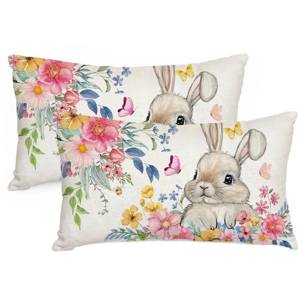 AACORS Easter Pillow Cover 12x20 Inch Set of 2,Bunny Flower