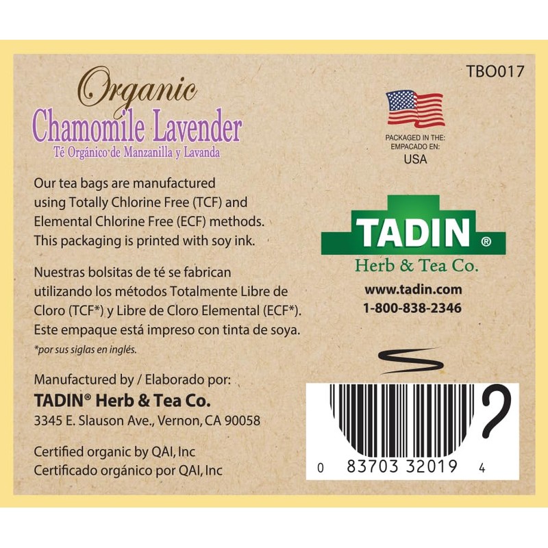 Tadin Organic Chamomile Lavender Tea, Caffeine Free Herbal Tea to