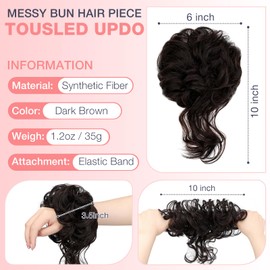 Messy Bun Hair Piece Tousled Updo Hair Extension with Elastic Rubber Band Synthetic Curly Wavy Hair Bun Scrunchie for Women Girls, Dark Brown 1.2oz