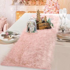 tiosggd Blush Pink Christmas Table Runner Short, 48 inch Fluffy Faux Fur Dresser Runners for Bedroom, Dining Room, Modern Candy Dresser Cover Top, Furry Pastel Christmas Coquette Room Decor Aesthetic