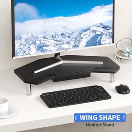 AFOOYO Monitor Stand Riser Black,Plane Wing-Shaped Sturdy Computer Stand Ergonomic Desk Organizer Riser Wood Monitor Stand with Drawer for Laptop, Computer,16.5 Inch