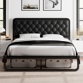 Feonase Queen Size Bed Frame, Upholstered Platform Bed Frame with Heavy-Duty Steel Slats, Faux Leather Headboard, 12" Storage Space, No Box Spring Needed, Noise Free, Easy Assembly, Black