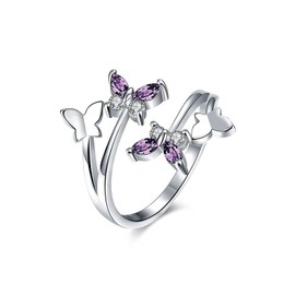 Dainty Butterfly Ring for Women Teens Girls Open Adjustable Silver Plated Butterfly Statement Ring Silver Rose Gold Crystal CZ Index Finger Ring (Silver)