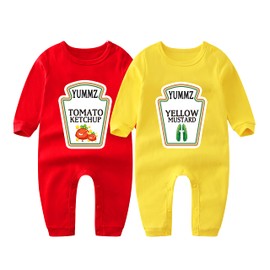 AOUYOA Baby Twins Bodysuits Yummz Ketchup Mustard Boy Clothing Baby Girl Romper Sushi Popcorn Long Sleeve Set (KM twins long 9m)